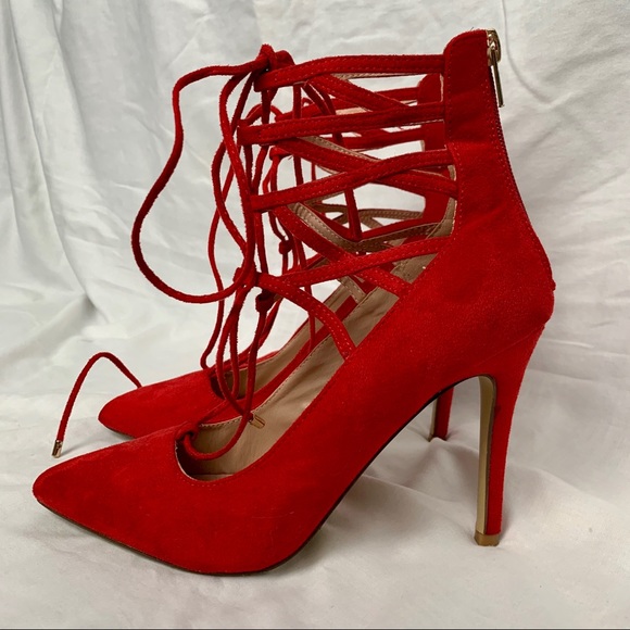Red Lace up Heels - Picture 6 of 12